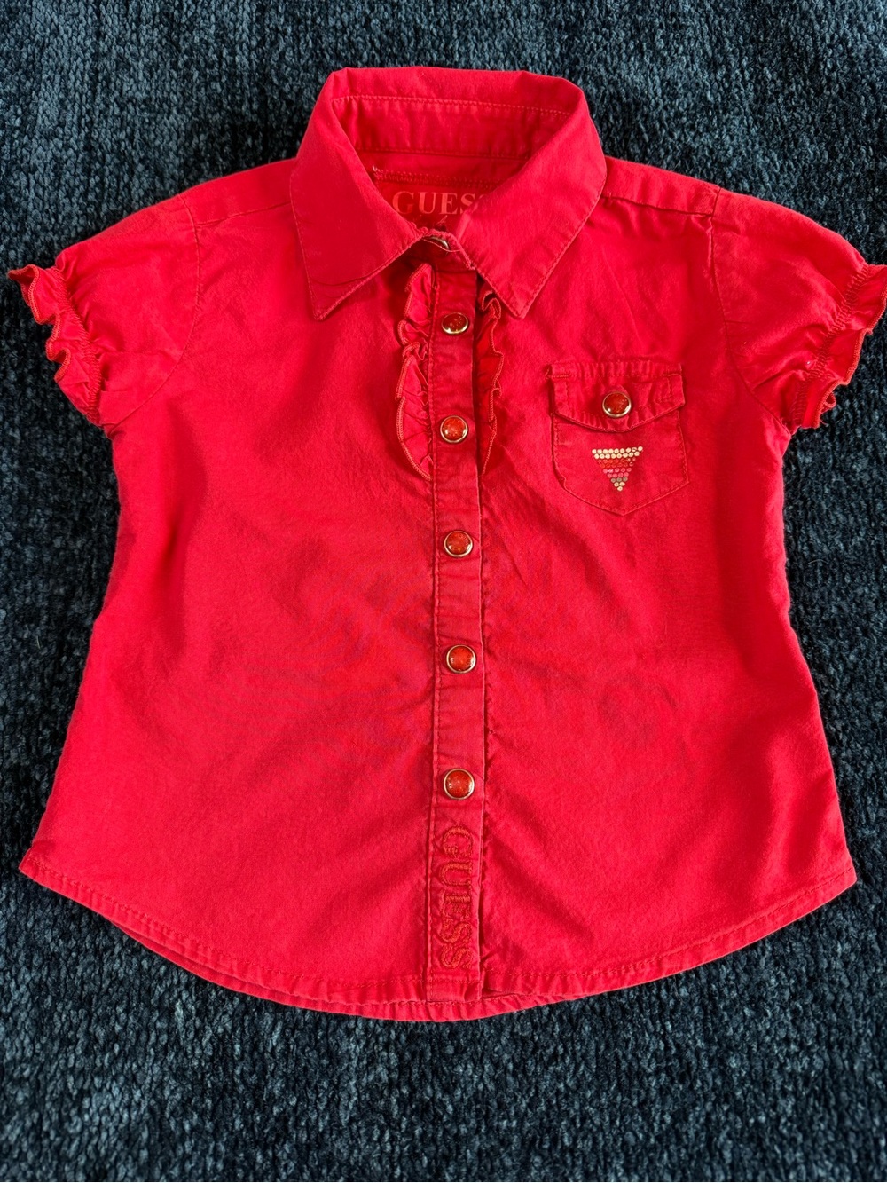 GUESS Girls Red Ruffle Button Down Shirt Rhinestone Logo Size 3T